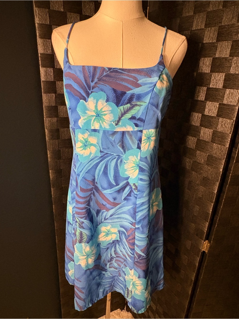 VTG 90s Giorgio Fiorlini Blue Tropical Hibiscus Mini Dress Y2K